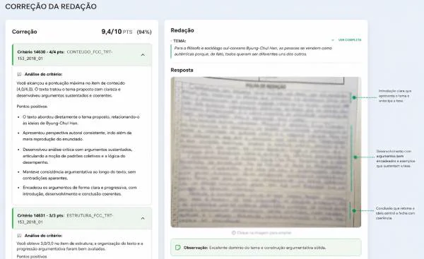 Correção da redação com pontuação e comentários por critério